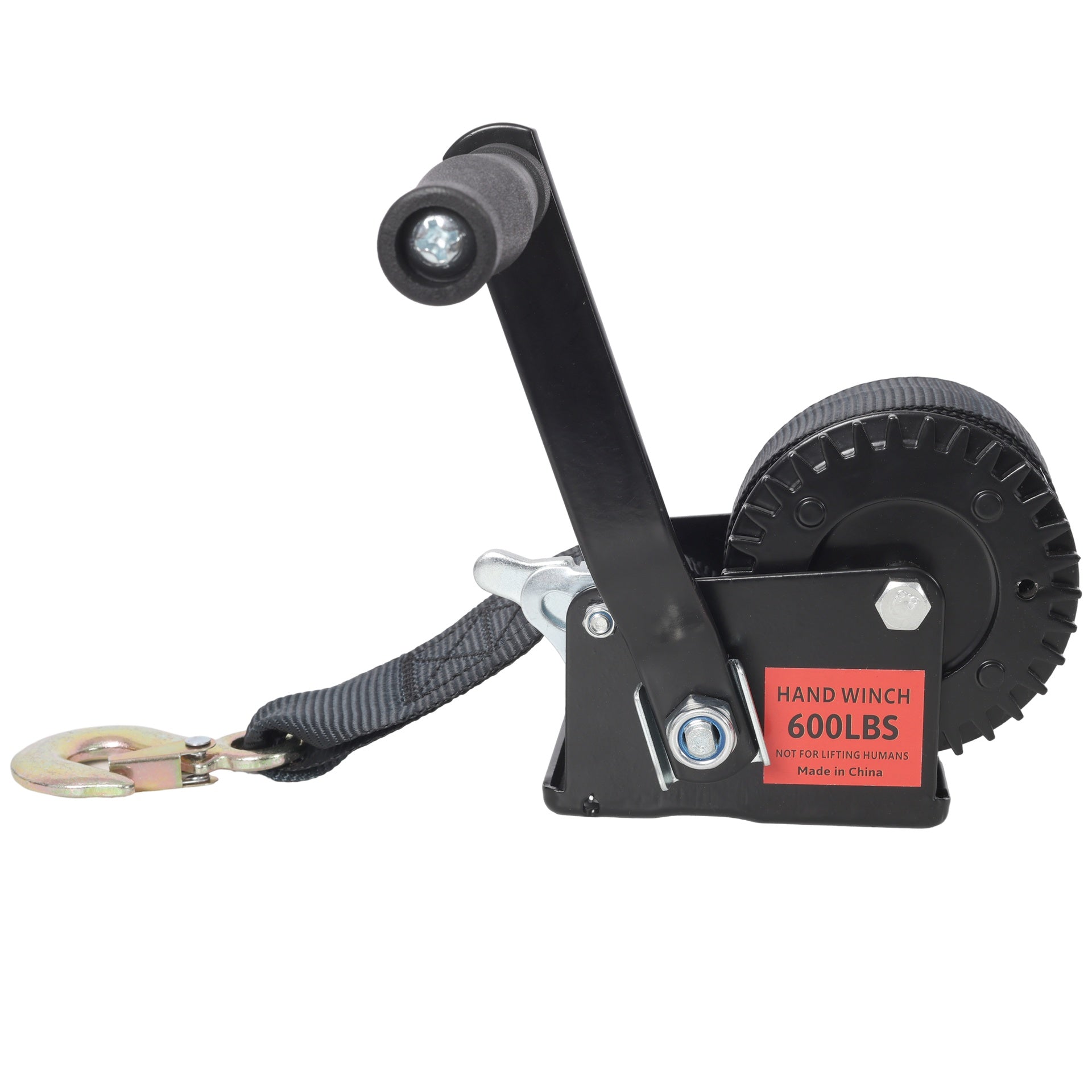 600LBS Hand Winch,with 19.6FT Black Strap,Black Shell,3.1:1 Gear Ratio Portable Winch,Two-Way Ratchet,Manual Operated Hand Crank Winch for Trailer, Boat or ATV Towing