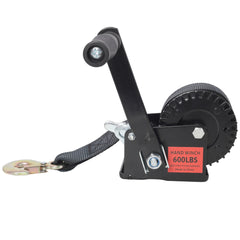 600LBS Hand Winch,with 19.6FT Black Strap,Black Shell,3.1:1 Gear Ratio Portable Winch,Two-Way Ratchet,Manual Operated Hand Crank Winch for Trailer, Boat or ATV Towing