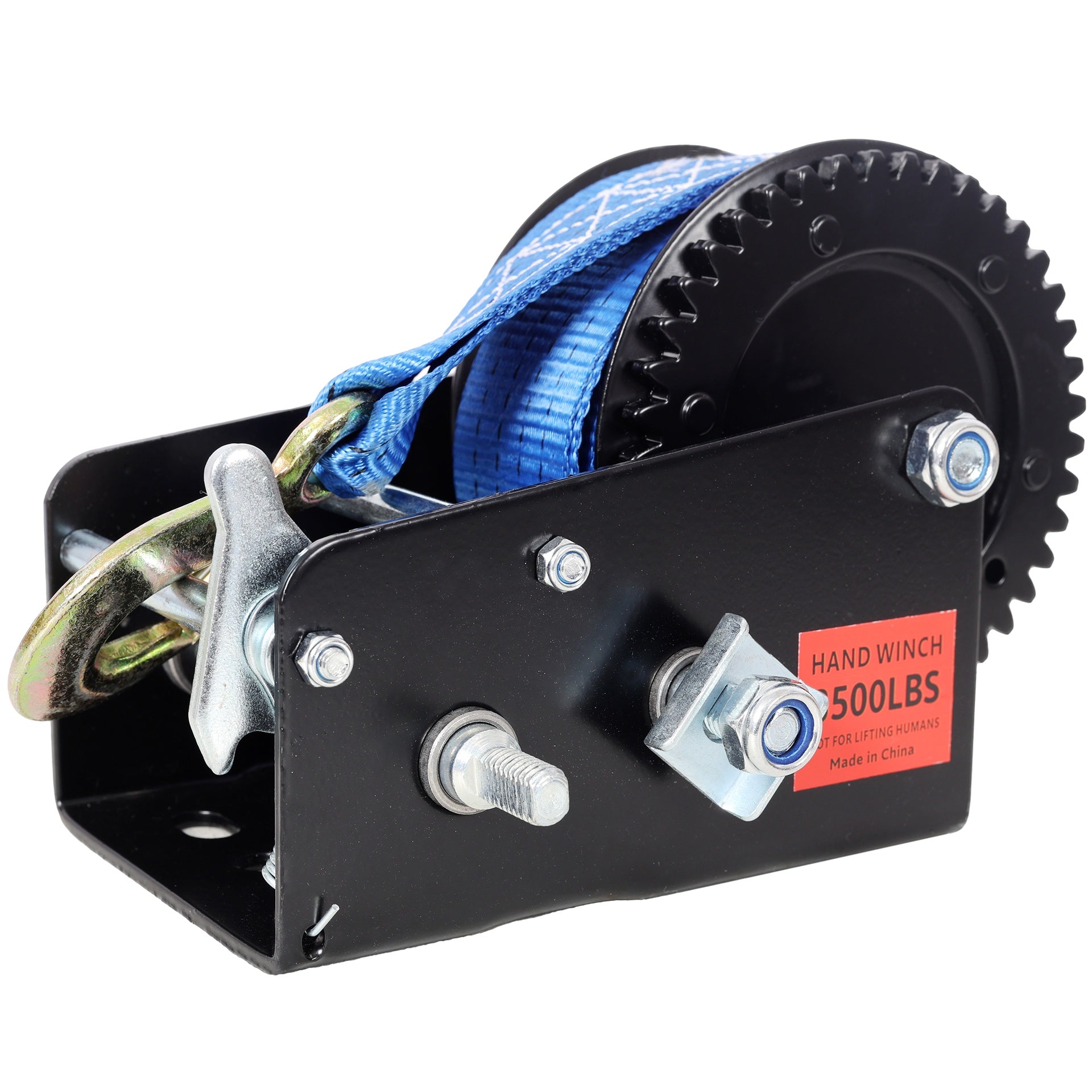 3500LBS Hand Winch,with 32.8FT Blue Strap,Black Shell,4.1:2.4:1 Gear Ratio Portable Winch,Two-Way Ratchet,Manual Operated Hand Crank Winch for Trailer, Boat or ATV Towing