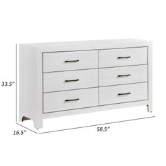 Eby 59 Inch Wide Dresser, 6 Drawers with Black Nickel Handles, White Finish