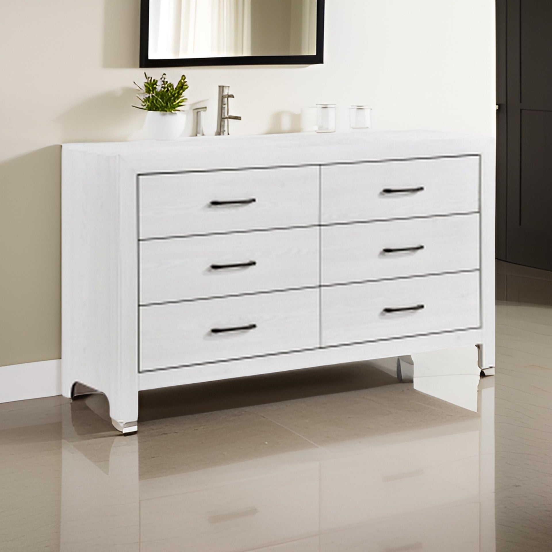 Eby 59 Inch Wide Dresser, 6 Drawers with Black Nickel Handles, White Finish