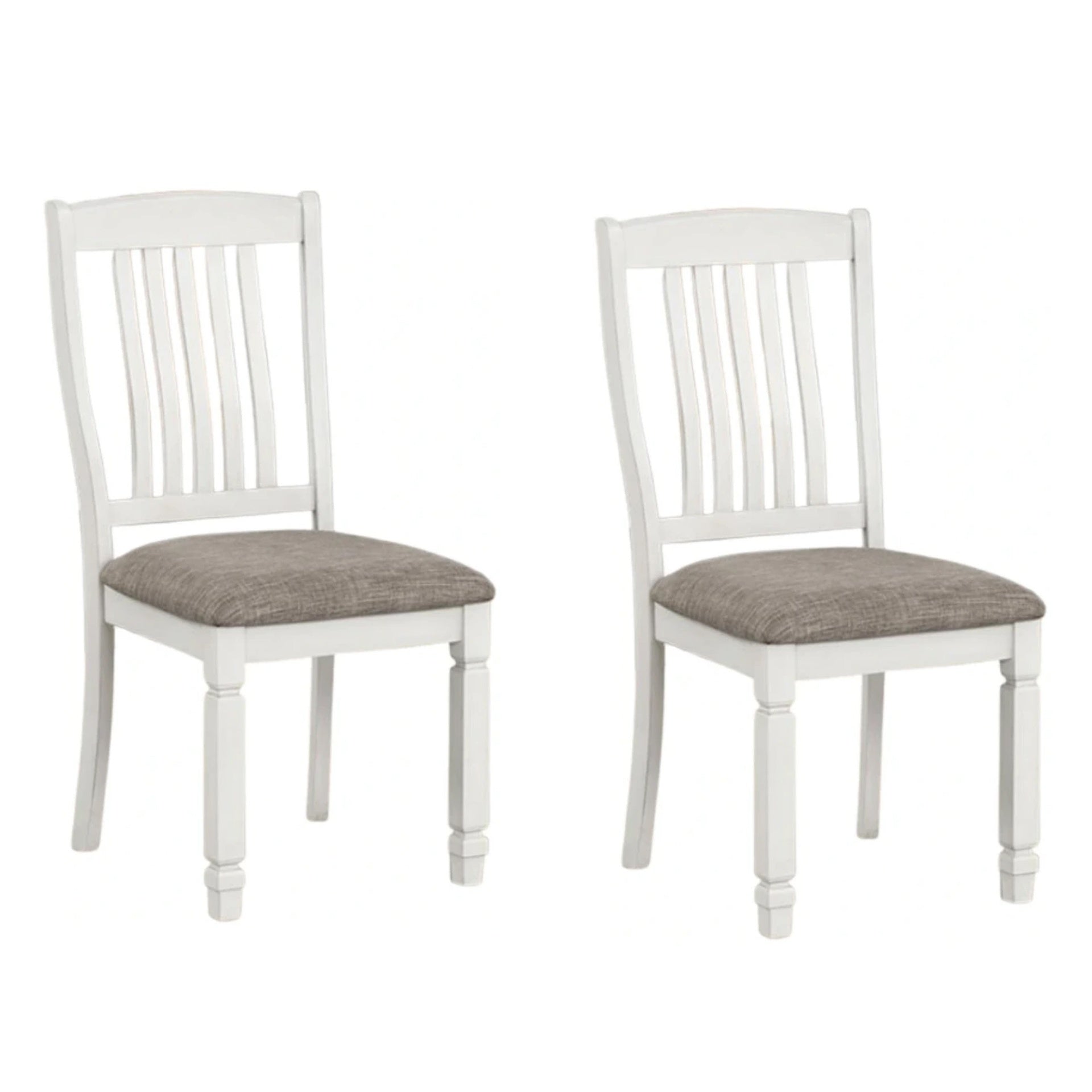 Dola Side Dining Chair Set of 2, Rustic White Wood, Gray Fabric, Slat Back
