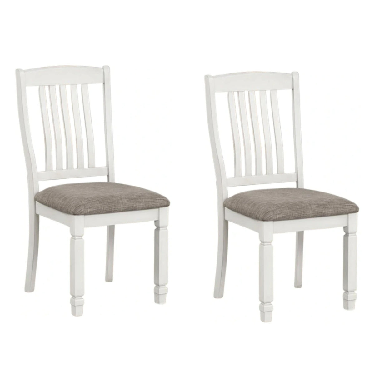 Dola Side Dining Chair Set of 2, Rustic White Wood, Gray Fabric, Slat Back