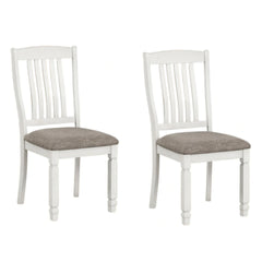 Dola Side Dining Chair Set of 2, Rustic White Wood, Gray Fabric, Slat Back