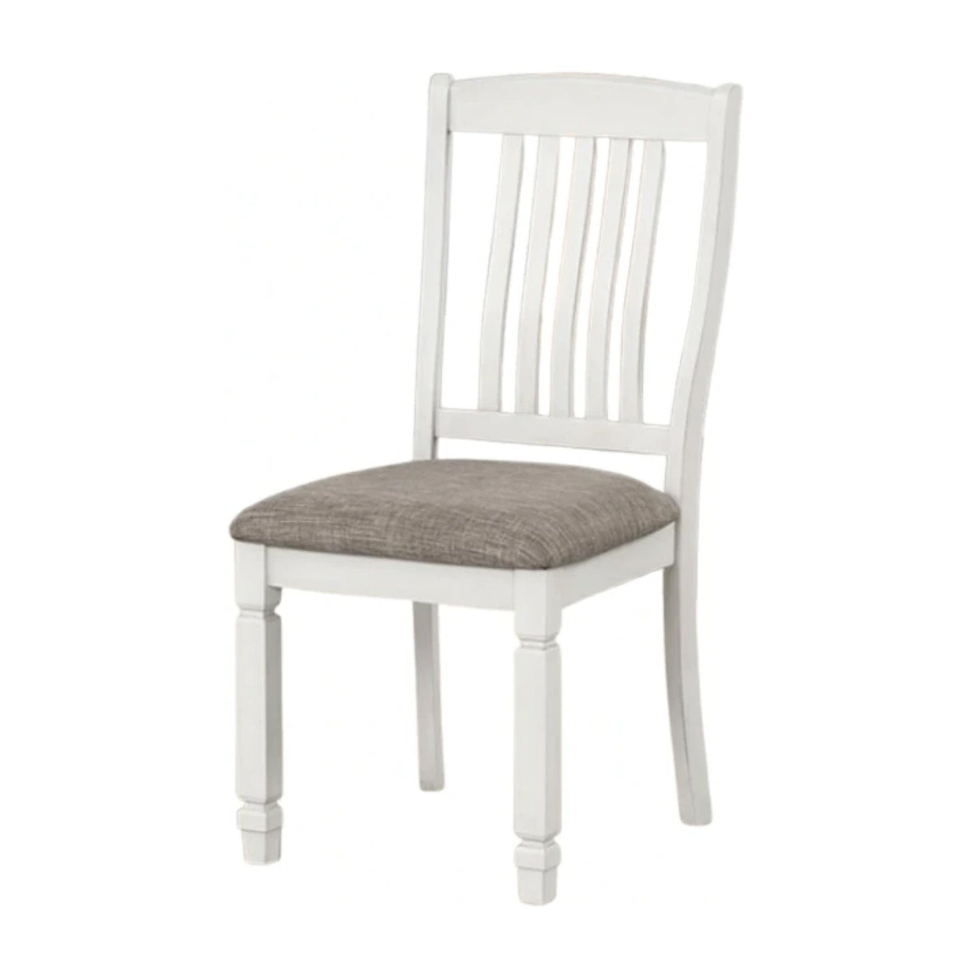 Dola Side Dining Chair Set of 2, Rustic White Wood, Gray Fabric, Slat Back