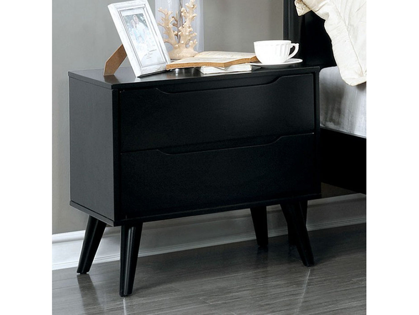 Mid-Century Modern Black Color 1pc Nightstand Bedroom Furniture Solid wood Round Tapered Legs 2-Drawers Bedside Table