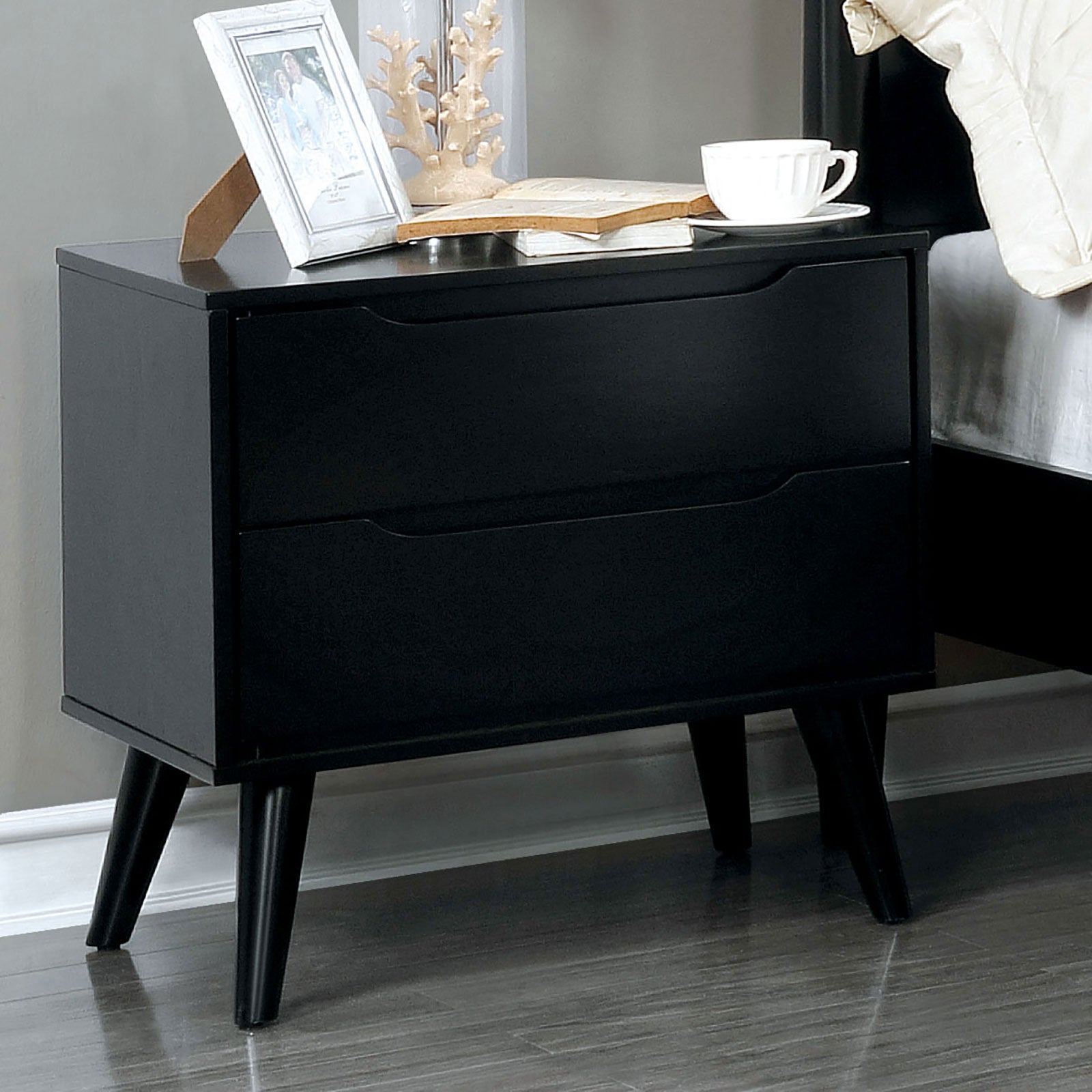 Mid-Century Modern Black Color 1pc Nightstand Bedroom Furniture Solid wood Round Tapered Legs 2-Drawers Bedside Table