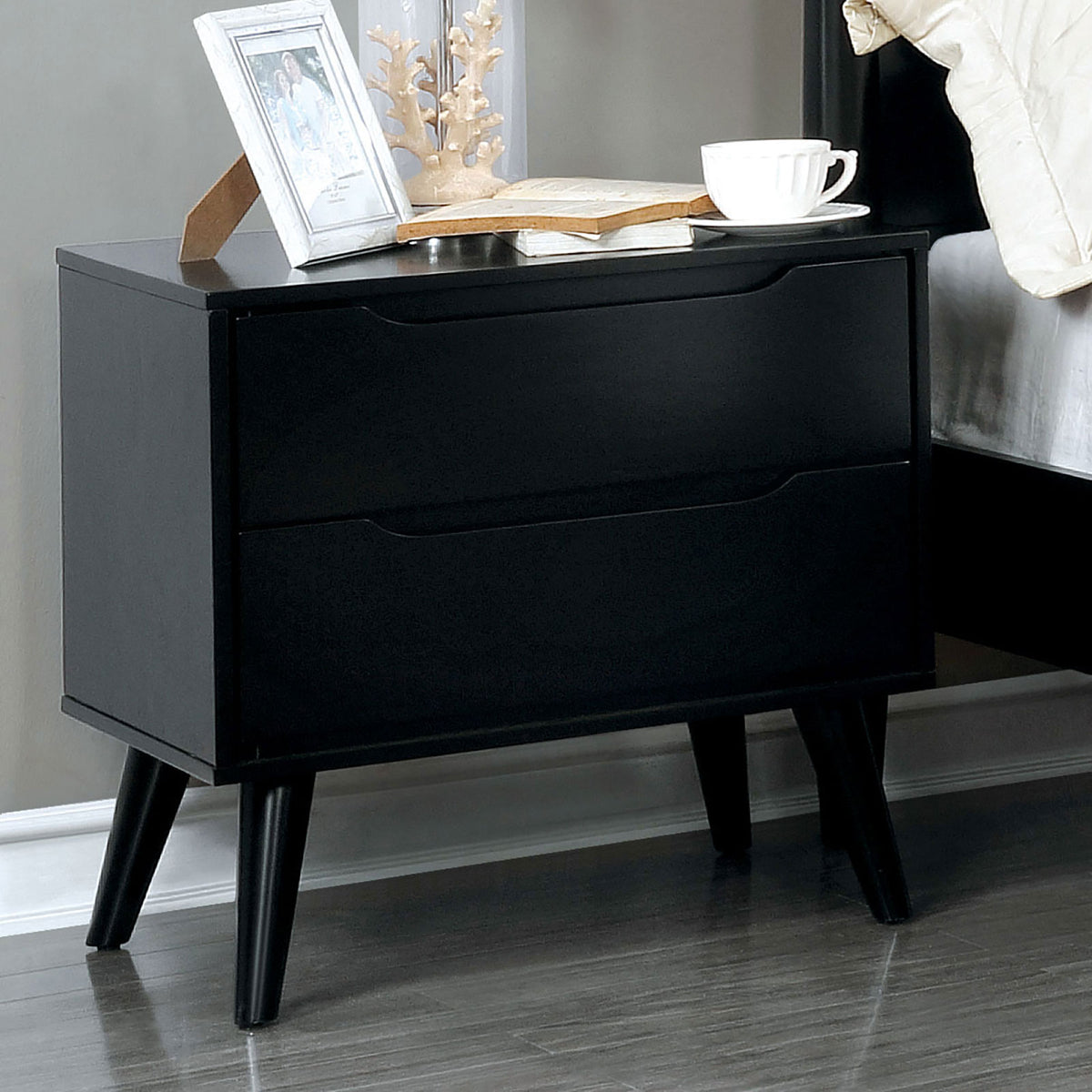 Mid-Century Modern Black Color 1pc Nightstand Bedroom Furniture Solid wood Round Tapered Legs 2-Drawers Bedside Table