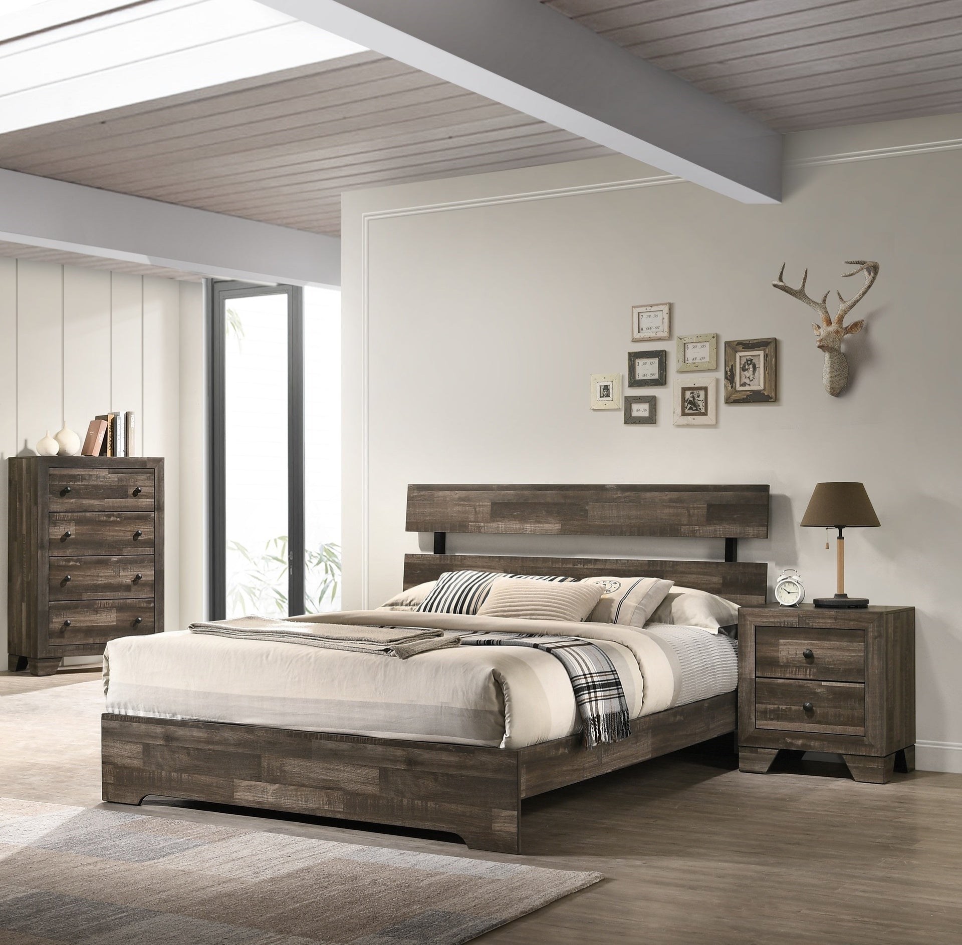 1pc Rustic Queen Platform Bed Slat Headboard Low-profile Bed Frame Brown Finish Contemporary Bedroom Furniture