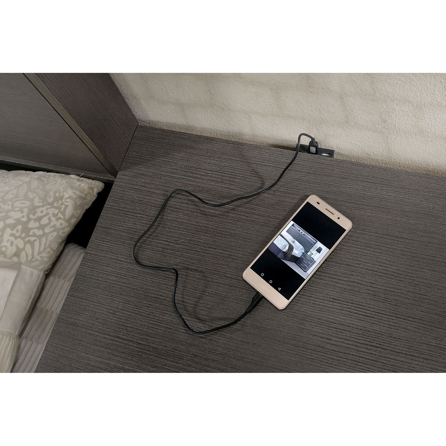 1x Nightstand Solid wood Warm Gray Sleek Modern Lines Chrome Trim Insert Contemporary Bedroom Furniture