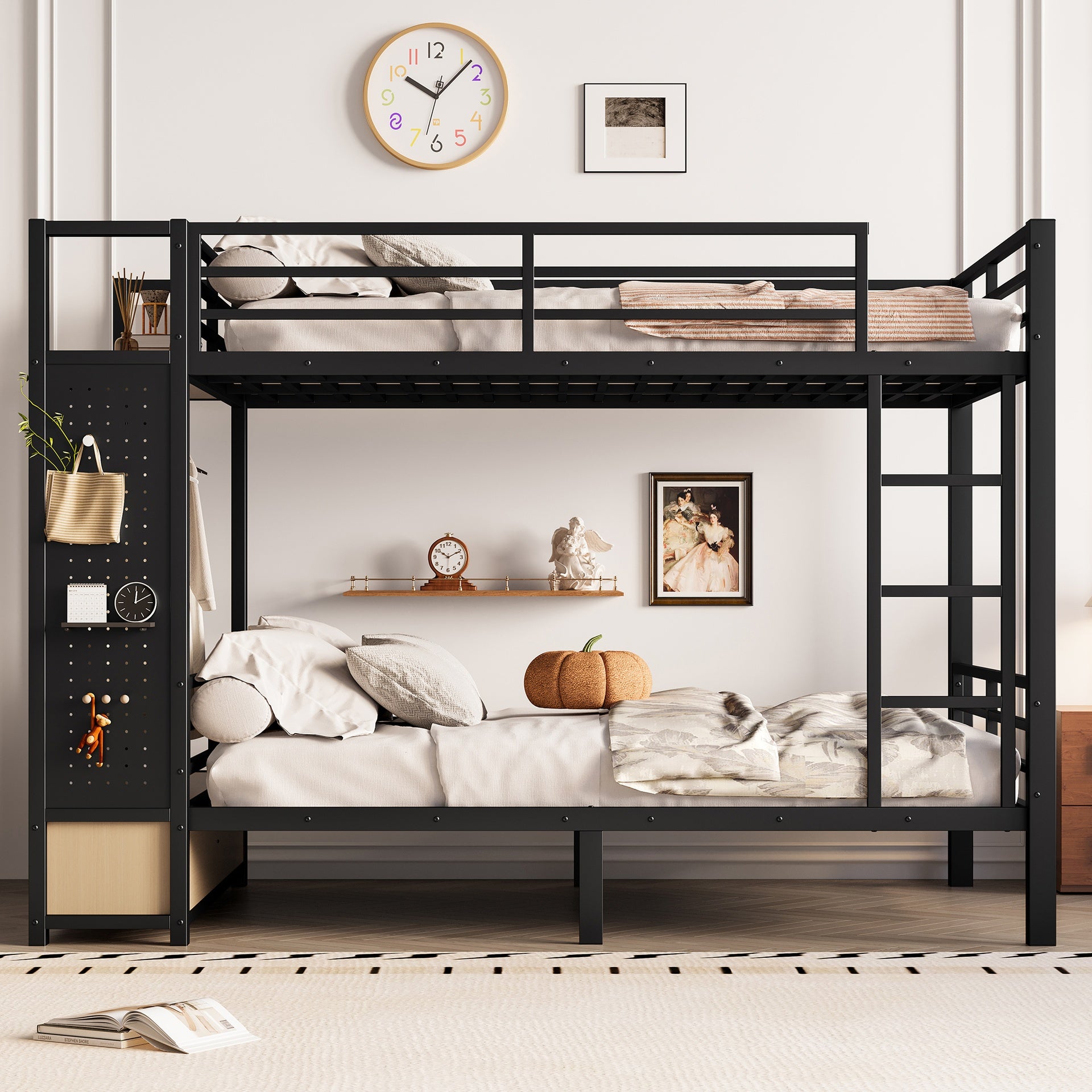 Full over Full size Metal Bunk Bed for Teens with Storage Shelves ,Drawers and Pegboard,Black