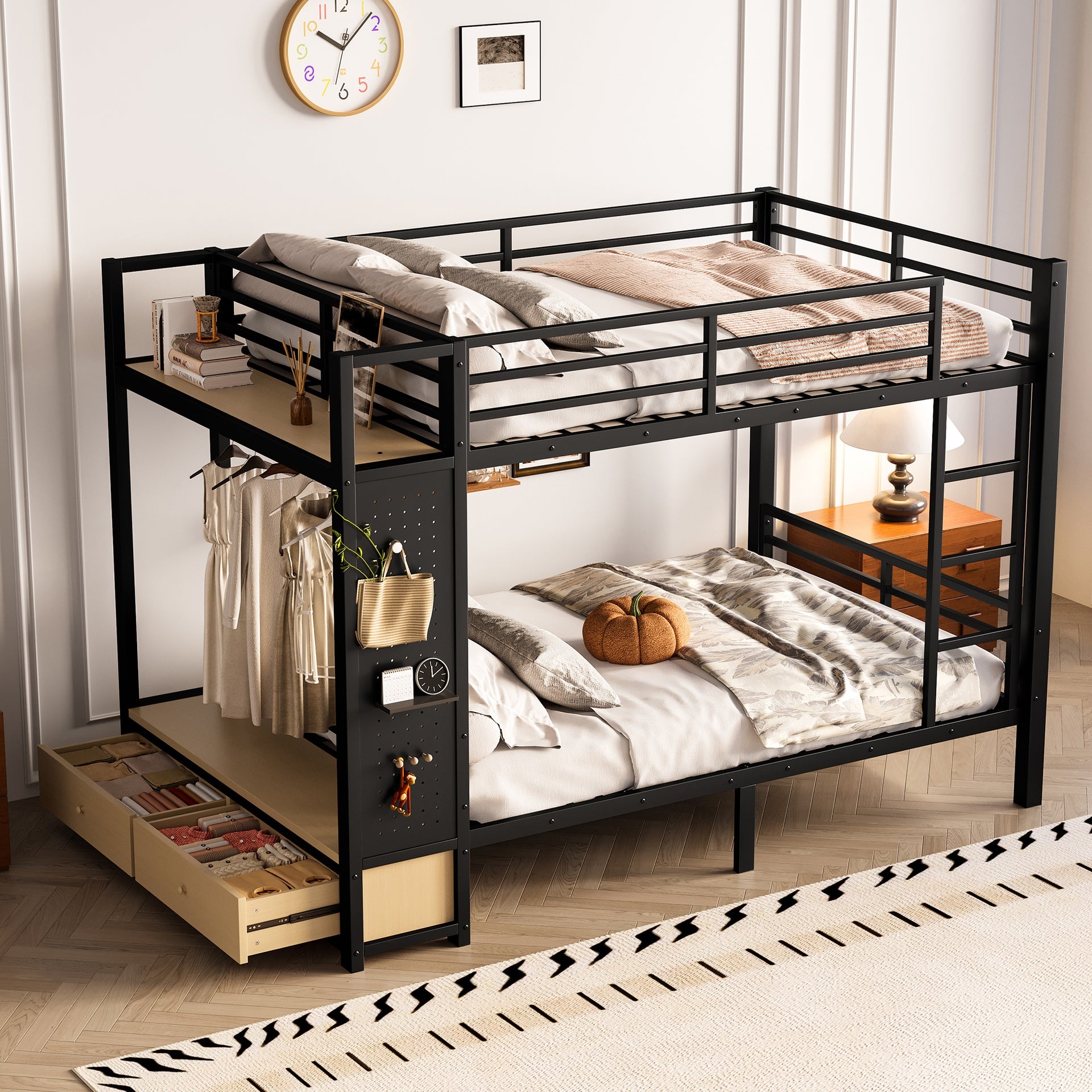 Full over Full size Metal Bunk Bed for Teens with Storage Shelves ,Drawers and Pegboard,Black
