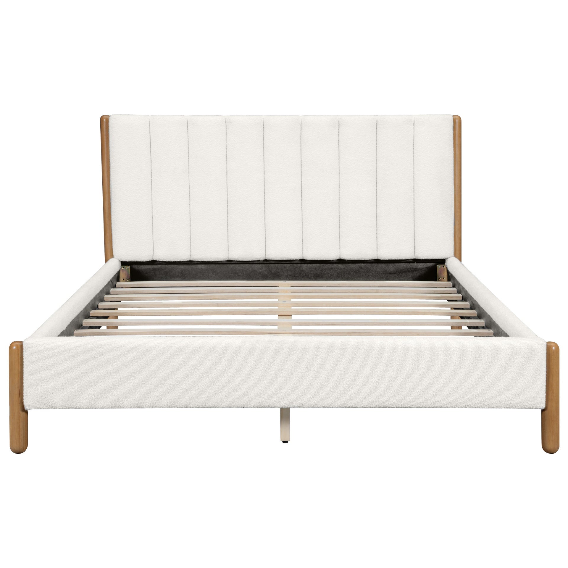 Queen Size Bed Frame with Boucle Upholstered Thick Headboard, Solid Wooden Legs, White