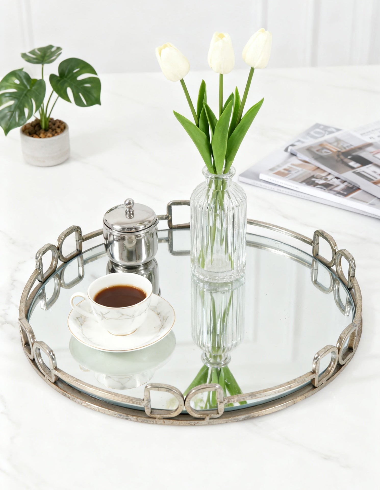 D16.1x2" Valentina Silver Round Mirror Tray