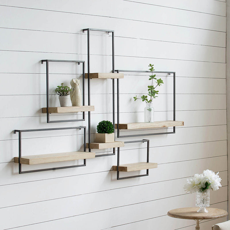 15.7" x 5.9" x 17.7" Iron and Wood Wall Shelf, Wall Hanging Decor, Home Decor Accent
