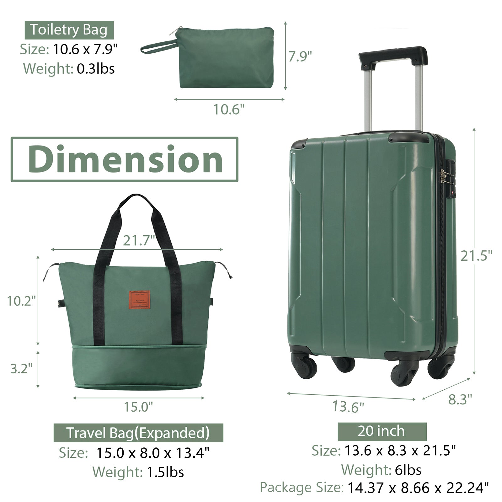 20 Inch Carry On Luggage Set 3 Piece with Spinner Wheels, Lightweight Hardshell ABS Suitcase for Weedend Getaways, Business Travel, Green