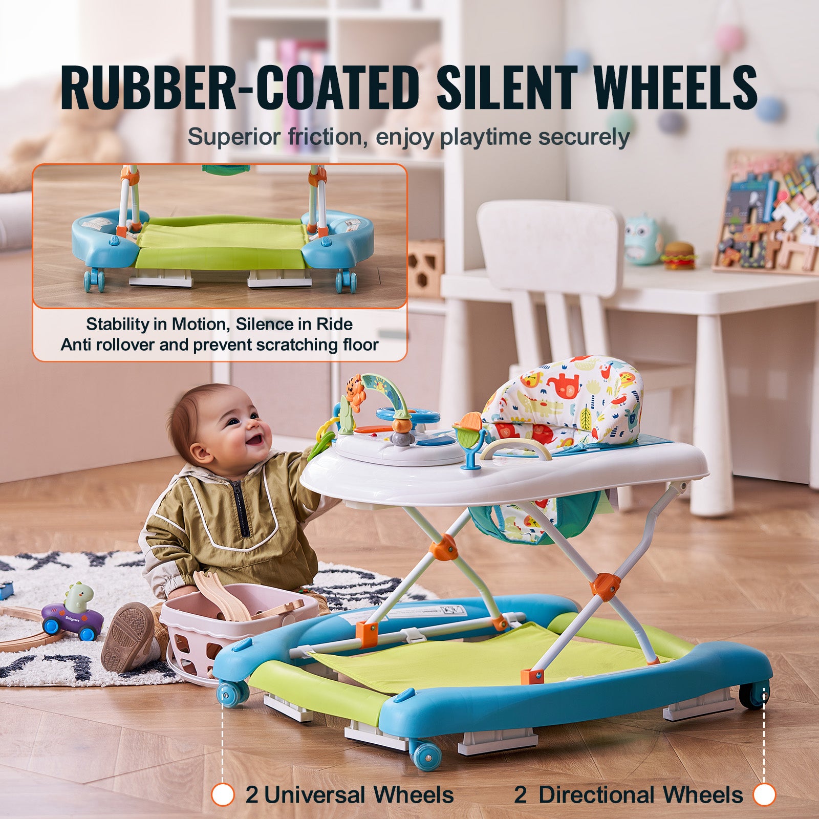 4-in-1 Baby Walker, Foldable Baby Activity Center on Wheels, 3 Adjustable Height, Music & Toys Tray, Learning-Seated,Walk-Behind,Rocker,Bouncer Toddler Walker for Girls Boys 6-24 Months