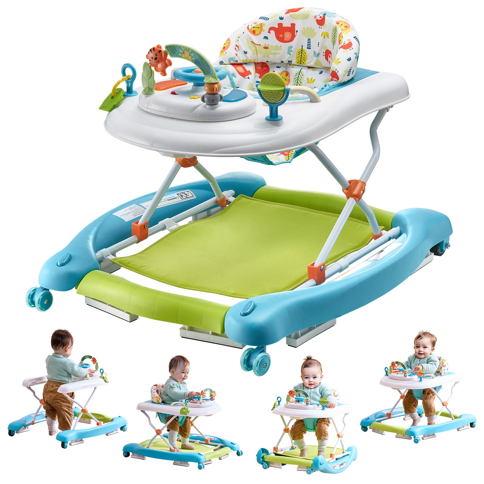 4-in-1 Baby Walker, Foldable Baby Activity Center on Wheels, 3 Adjustable Height, Music & Toys Tray, Learning-Seated,Walk-Behind,Rocker,Bouncer Toddler Walker for Girls Boys 6-24 Months