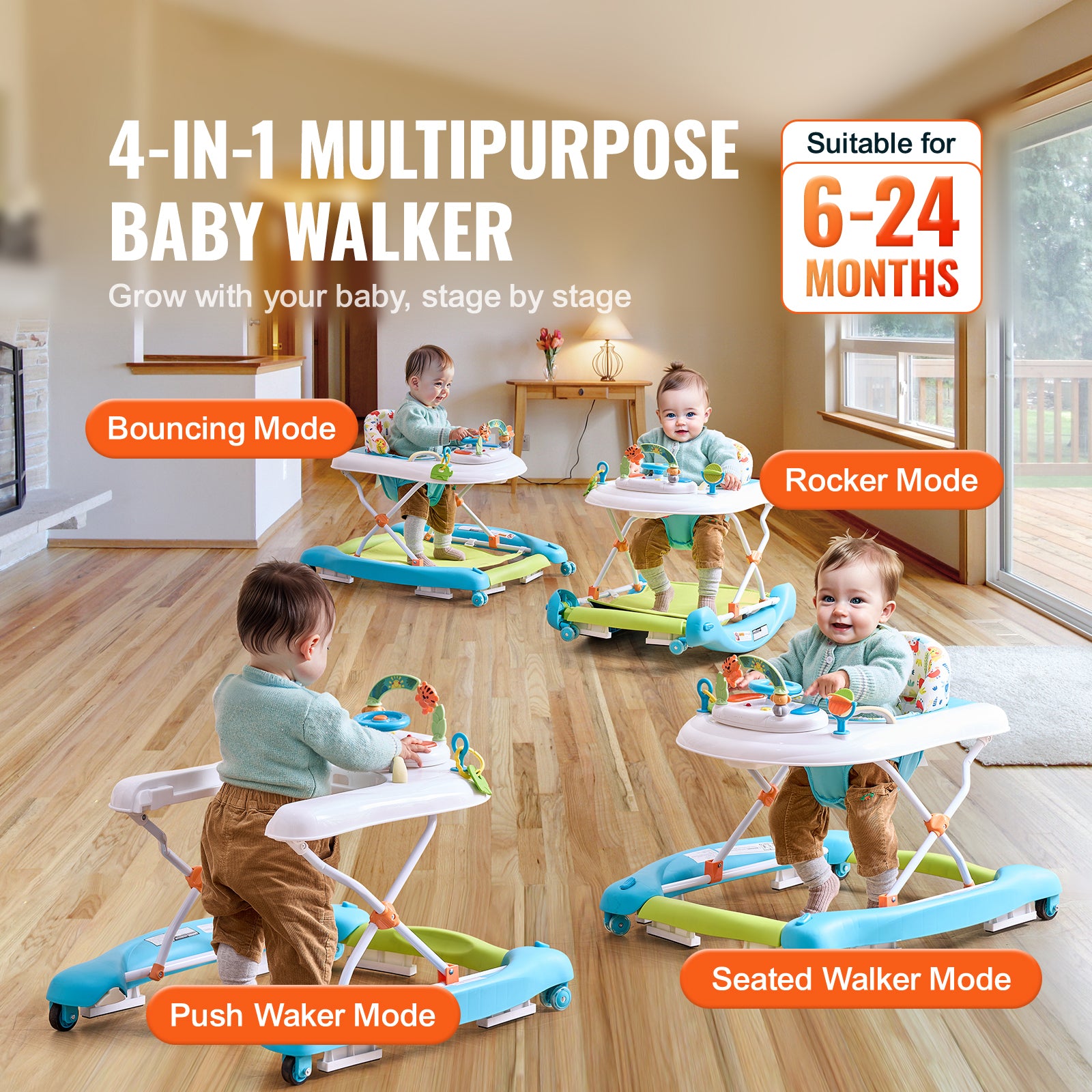 4-in-1 Baby Walker, Foldable Baby Activity Center on Wheels, 3 Adjustable Height, Music & Toys Tray, Learning-Seated,Walk-Behind,Rocker,Bouncer Toddler Walker for Girls Boys 6-24 Months