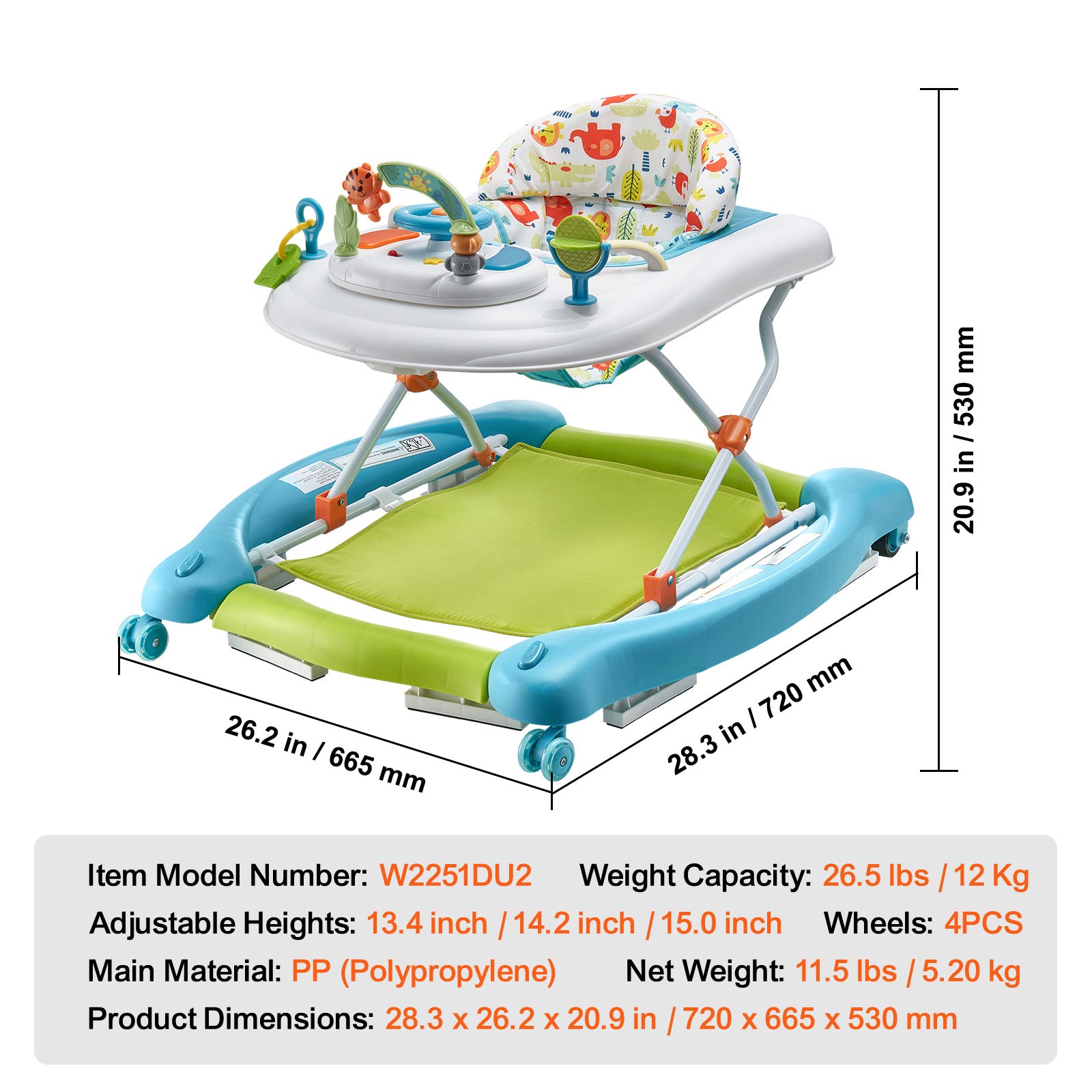 4-in-1 Baby Walker, Foldable Baby Activity Center on Wheels, 3 Adjustable Height, Music & Toys Tray, Learning-Seated,Walk-Behind,Rocker,Bouncer Toddler Walker for Girls Boys 6-24 Months