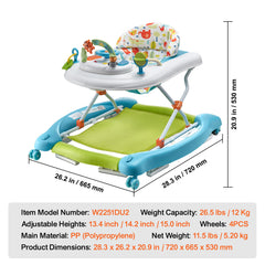 4-in-1 Baby Walker, Foldable Baby Activity Center on Wheels, 3 Adjustable Height, Music & Toys Tray, Learning-Seated,Walk-Behind,Rocker,Bouncer Toddler Walker for Girls Boys 6-24 Months