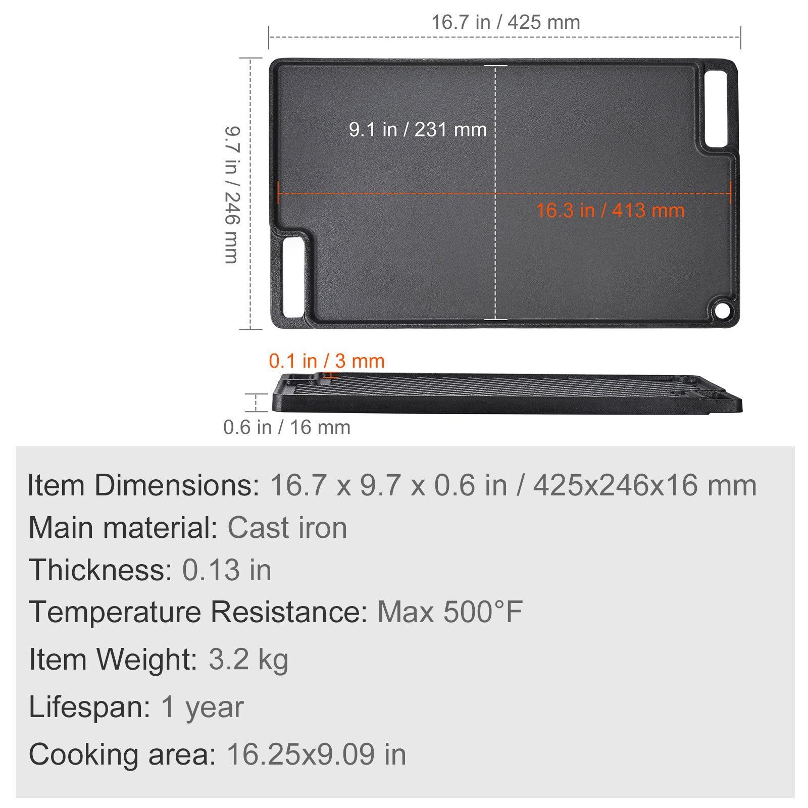 Reversible Grill/Griddle, 9.7"x16.7" Pre-Seasoned Cast Iron Griddle, Rectangular Double Burner Griddle Pan, Non-Stick Family Pan Cookware with Handles, Flat Top Plate for BBQ, Gas Grill, Black