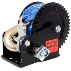1600LBS Hand Winch,with 26FT Blue Strap,Black Shell,4.1:1 Gear Ratio Portable Winch,Two-Way Ratchet,Manual Operated Hand Crank Winch for Trailer, Boat or ATV Towing