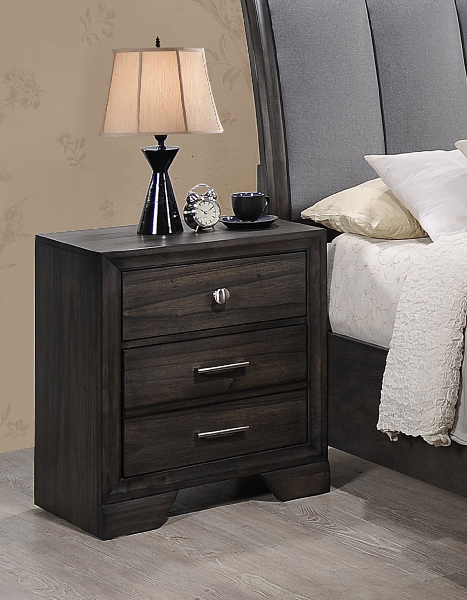 1pc Contemporary Dark Wood Grain Finish Metal Knobs Two-Drawers Nightstand Wooden Gray