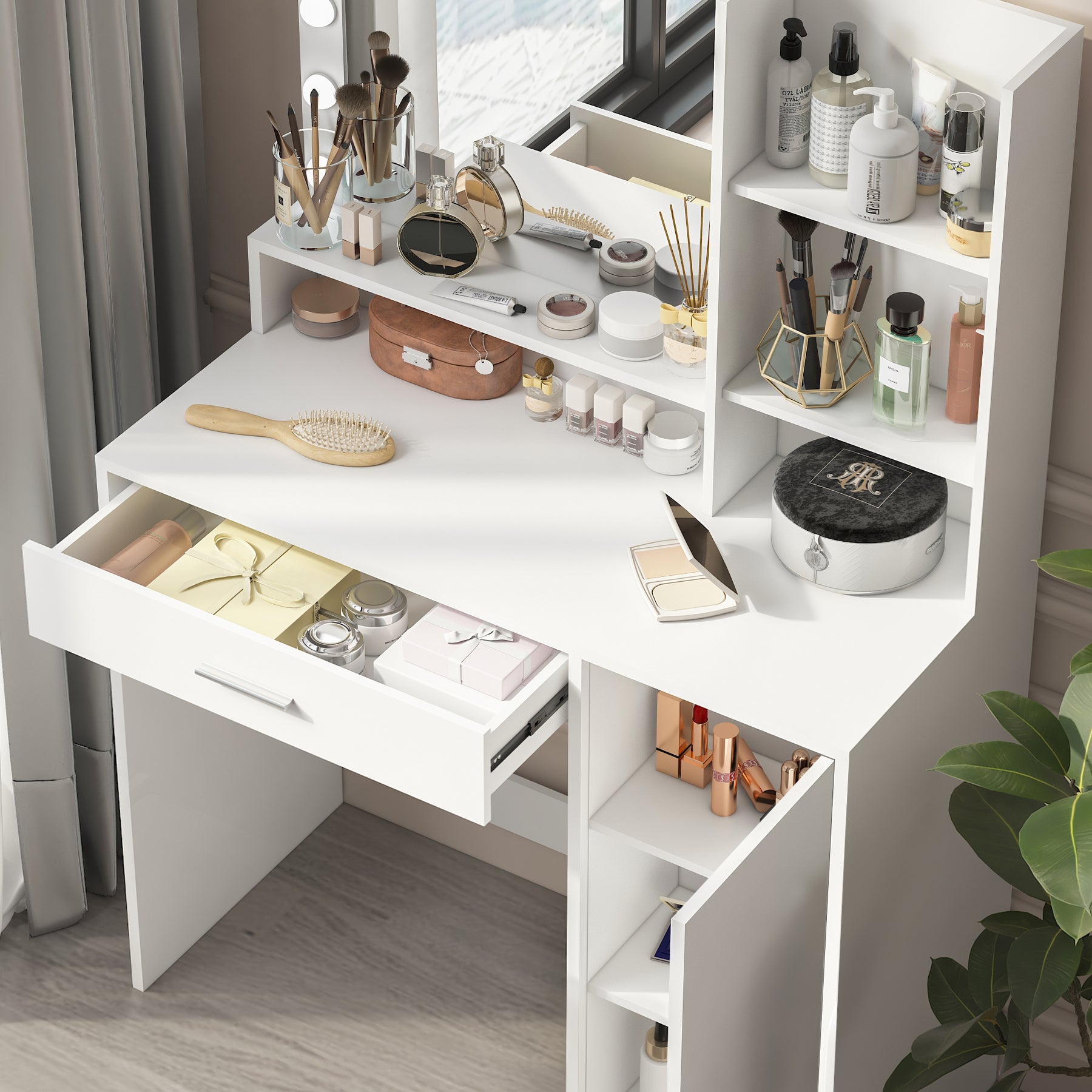 Vanity Desk with Mirror & Light, Large Drawer Three Level Storage Dresser, 3 Lighting Modes Adjustable Brightness, Bedroom Dressing Table(white)