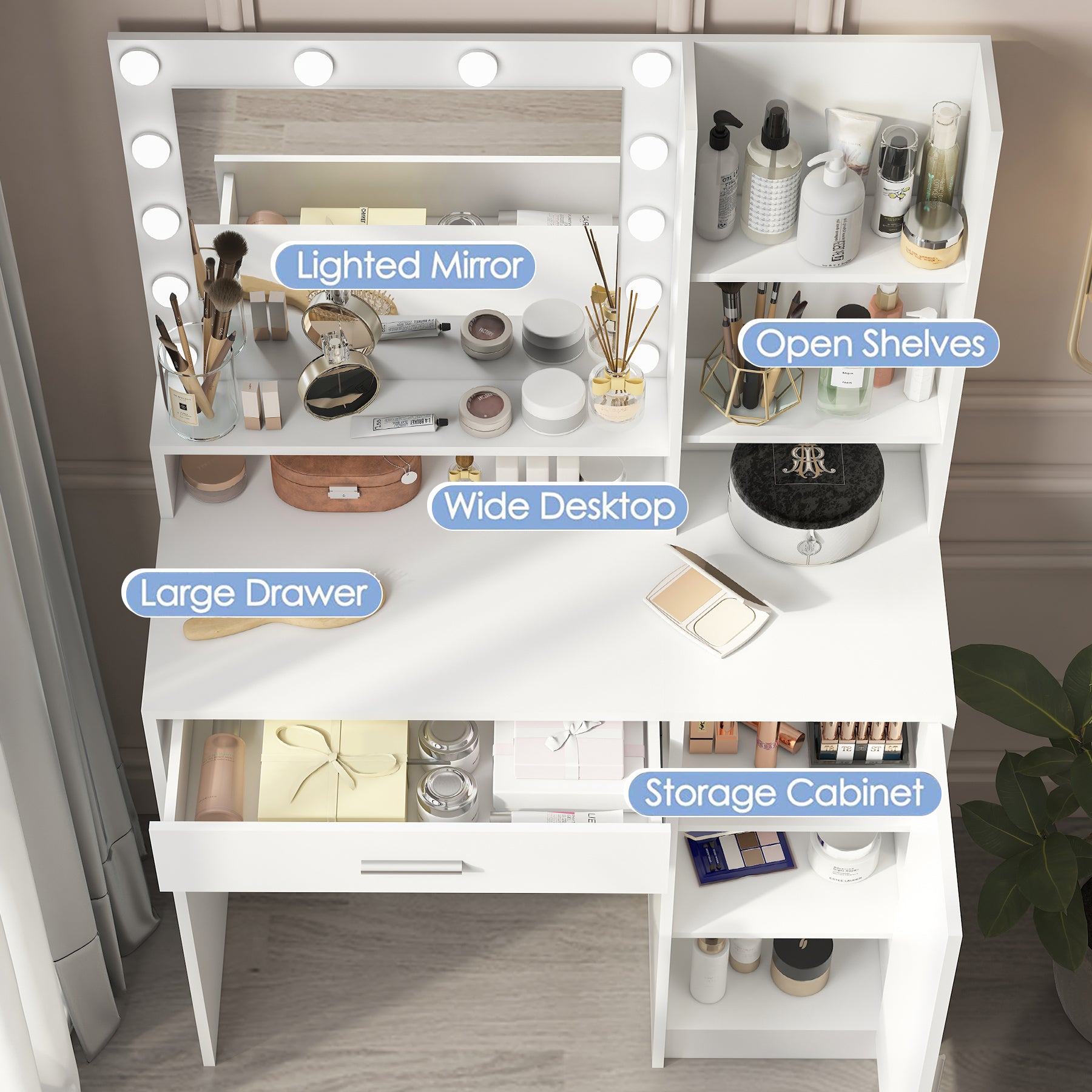 Vanity Desk with Mirror & Light, Large Drawer Three Level Storage Dresser, 3 Lighting Modes Adjustable Brightness, Bedroom Dressing Table(white)