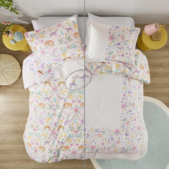 4 PCS Full/Queen Floral Reversible Cotton Comforter Set with Throw Pillow Purple