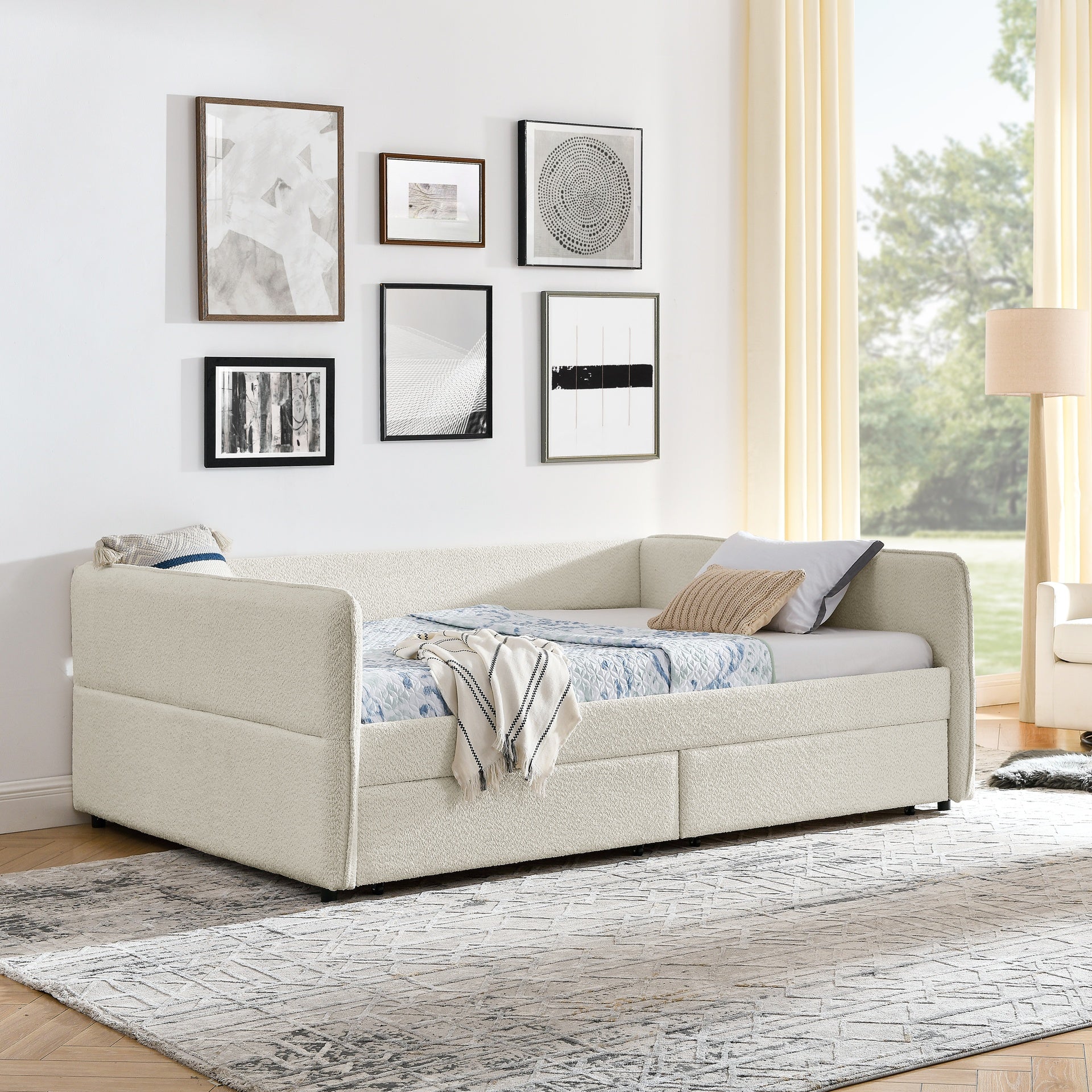 Daybed with Trundle Upholstered Tufted Sofa Bed, with Two Drawers, Queen Size, Boucle Fabric, Beige(88"x65.5"x29.5")
