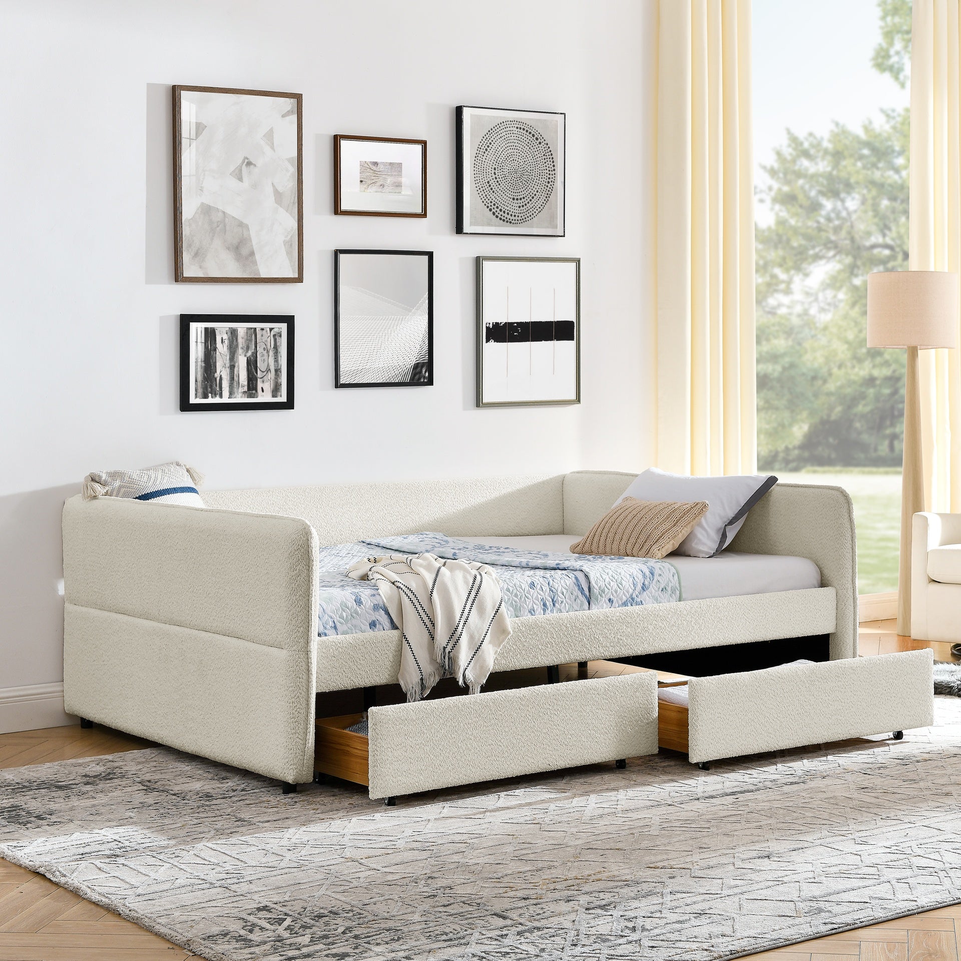 Daybed with Trundle Upholstered Tufted Sofa Bed, with Two Drawers, Queen Size, Boucle Fabric, Beige(88"x65.5"x29.5")
