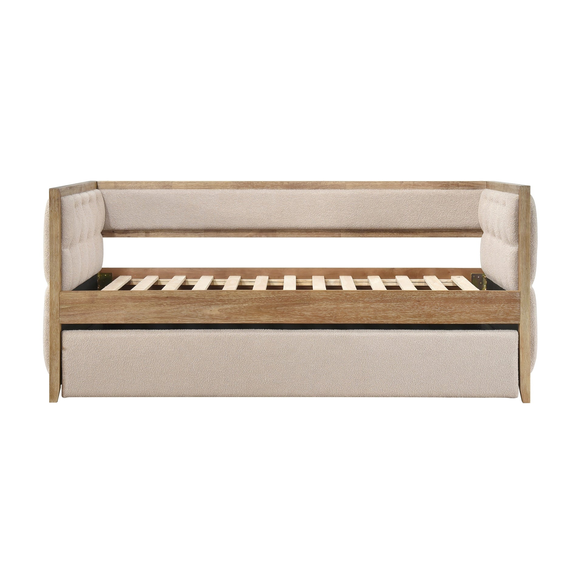 1pc Modern Daybed with Pull-out Trundle Beige Boucle Tufted Bedroom Living Room Transitional Style Furniture Natural Finish
