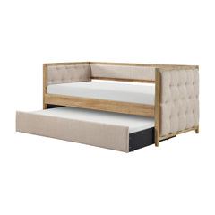 1pc Modern Daybed with Pull-out Trundle Beige Boucle Tufted Bedroom Living Room Transitional Style Furniture Natural Finish
