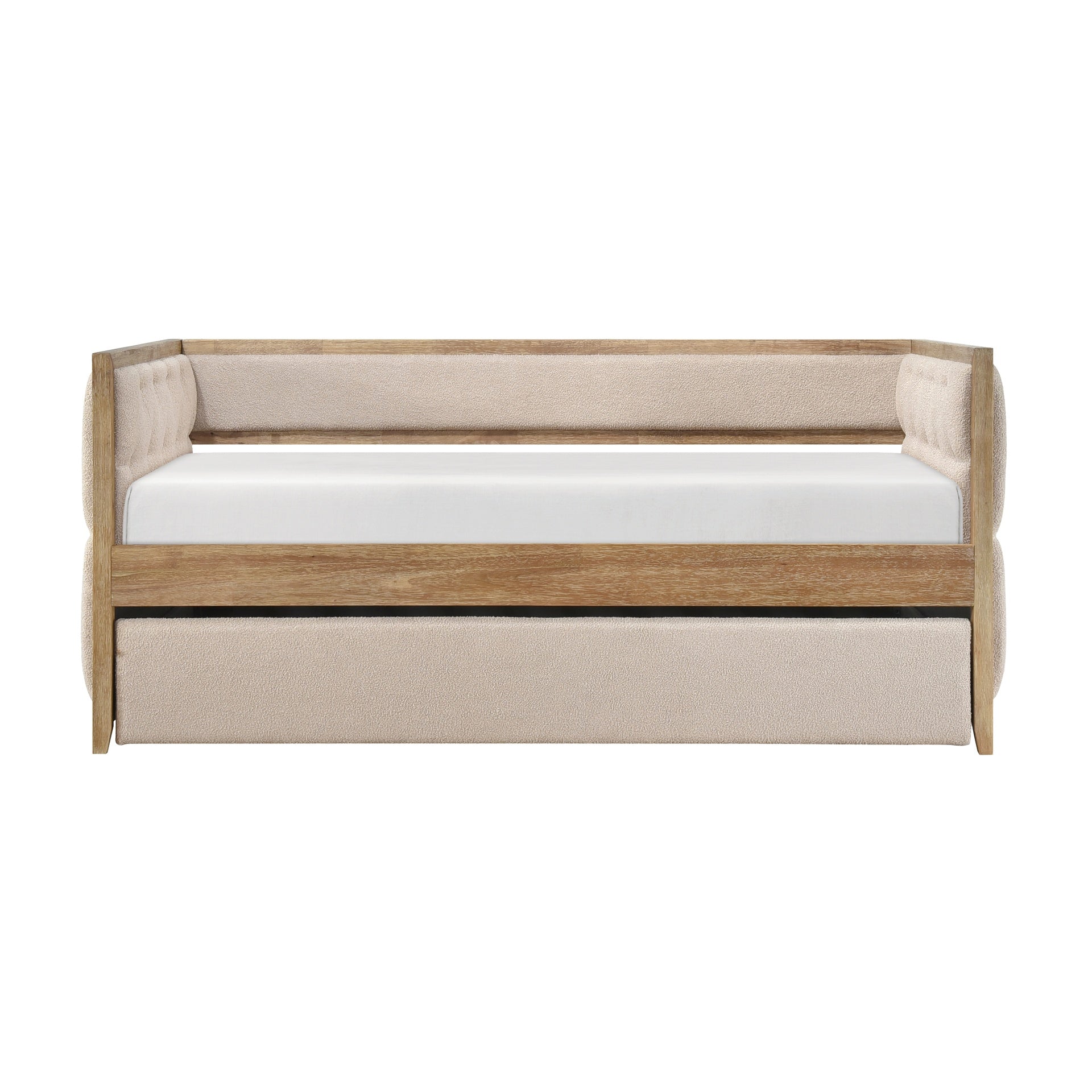 1pc Modern Daybed with Pull-out Trundle Beige Boucle Tufted Bedroom Living Room Transitional Style Furniture Natural Finish