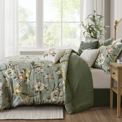 7-Piece Queen Vintage Floral Comforter Set, Green