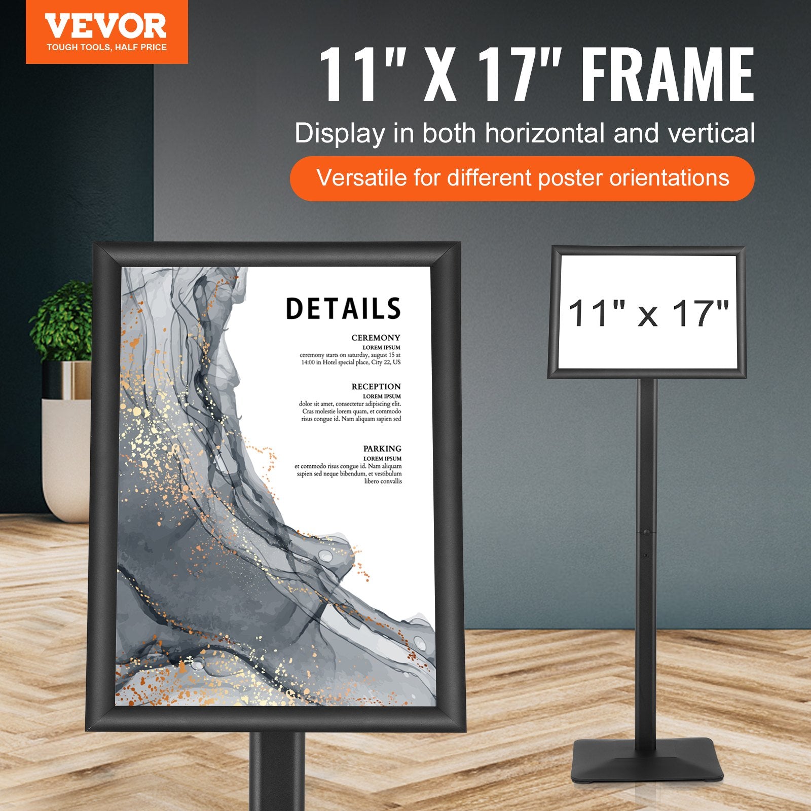 Pedestal Sign Holder, 11 x 17 Inch Vertical and Horizontal Adjustable Poster Stand, Heavy-Duty Floor Standing Sign Holder with Metal Base for Display, Advertisement, and Outdoor, Black
