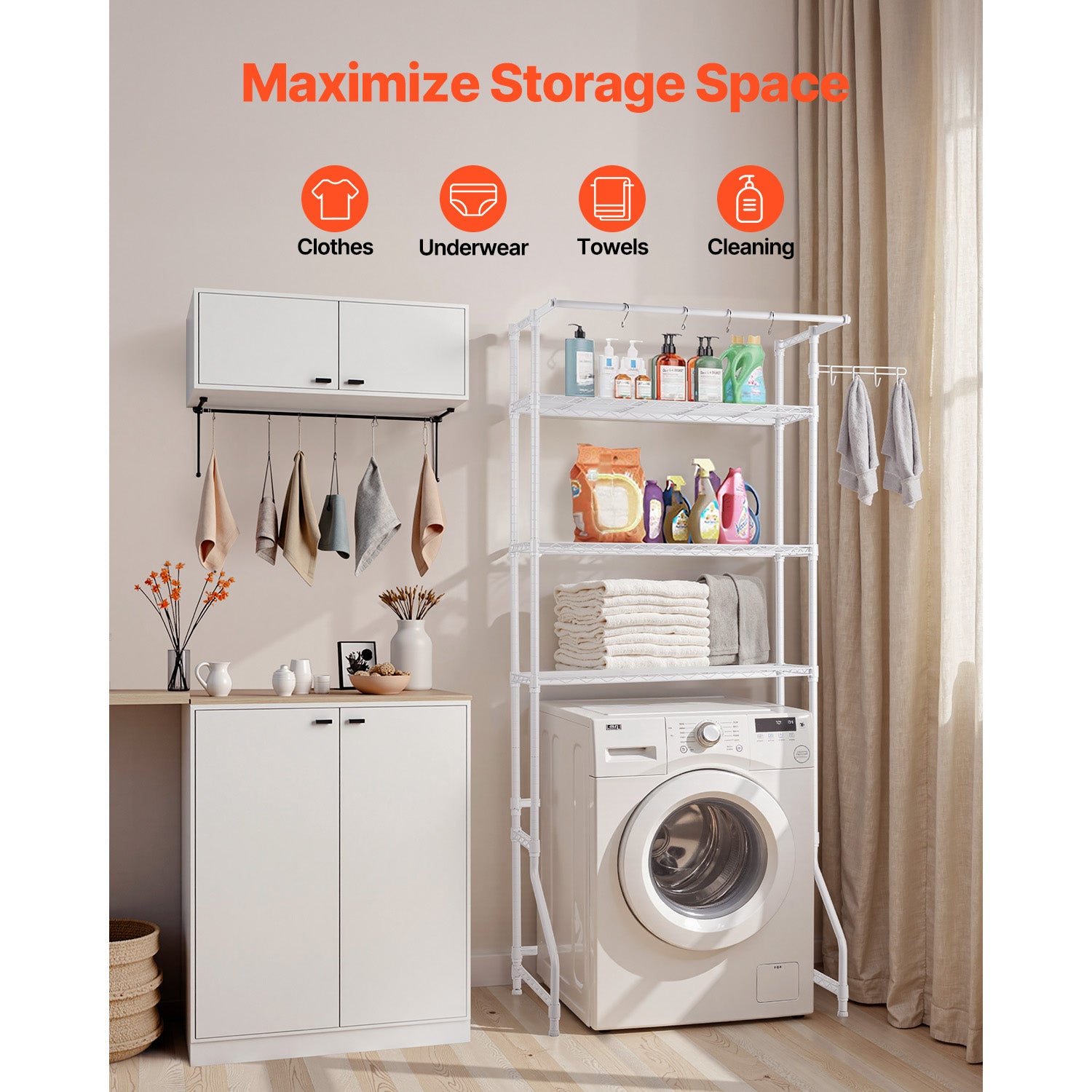 Over The Washer and Dryer Storage Shelf, 3 Tier Laundry Room Drying Rack with Hanger Rod and Hooks, Adjustable Over Washer and Dryer Shelves, Laundry Room Shelf Storage Space Saver, White