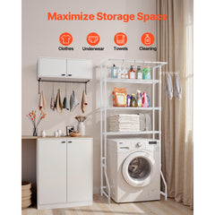 Over The Washer and Dryer Storage Shelf, 3 Tier Laundry Room Drying Rack with Hanger Rod and Hooks, Adjustable Over Washer and Dryer Shelves, Laundry Room Shelf Storage Space Saver, White