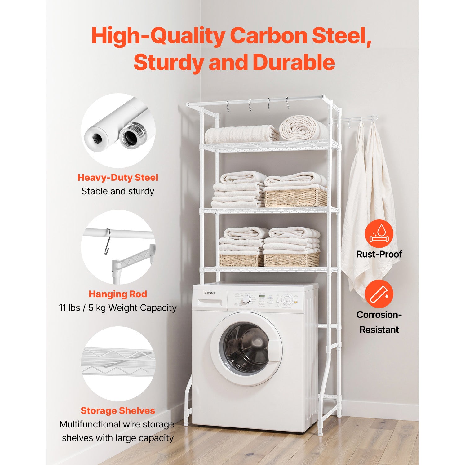 Over The Washer and Dryer Storage Shelf, 3 Tier Laundry Room Drying Rack with Hanger Rod and Hooks, Adjustable Over Washer and Dryer Shelves, Laundry Room Shelf Storage Space Saver, White