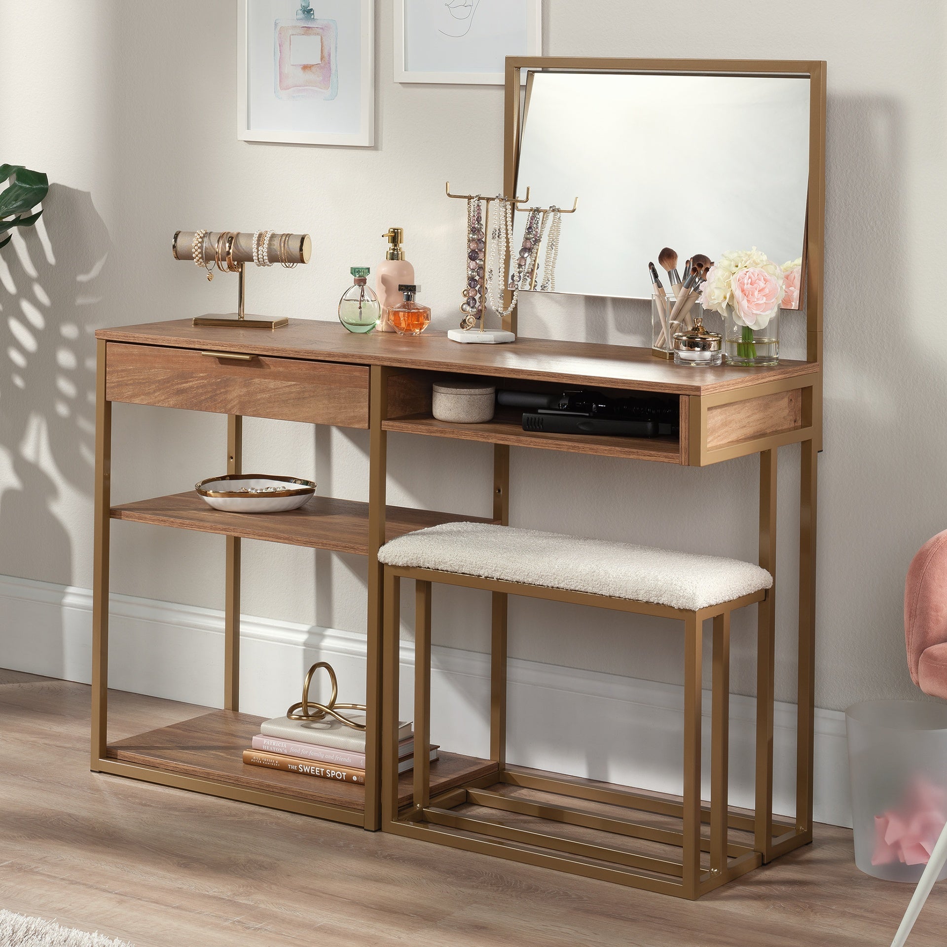 Vanity with Chic Storage, Brown finish