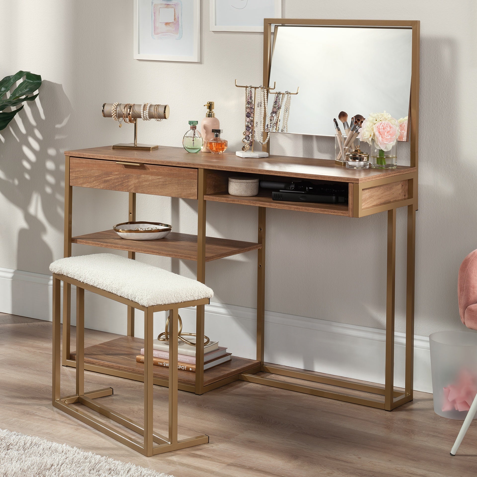 Vanity with Chic Storage, Brown finish