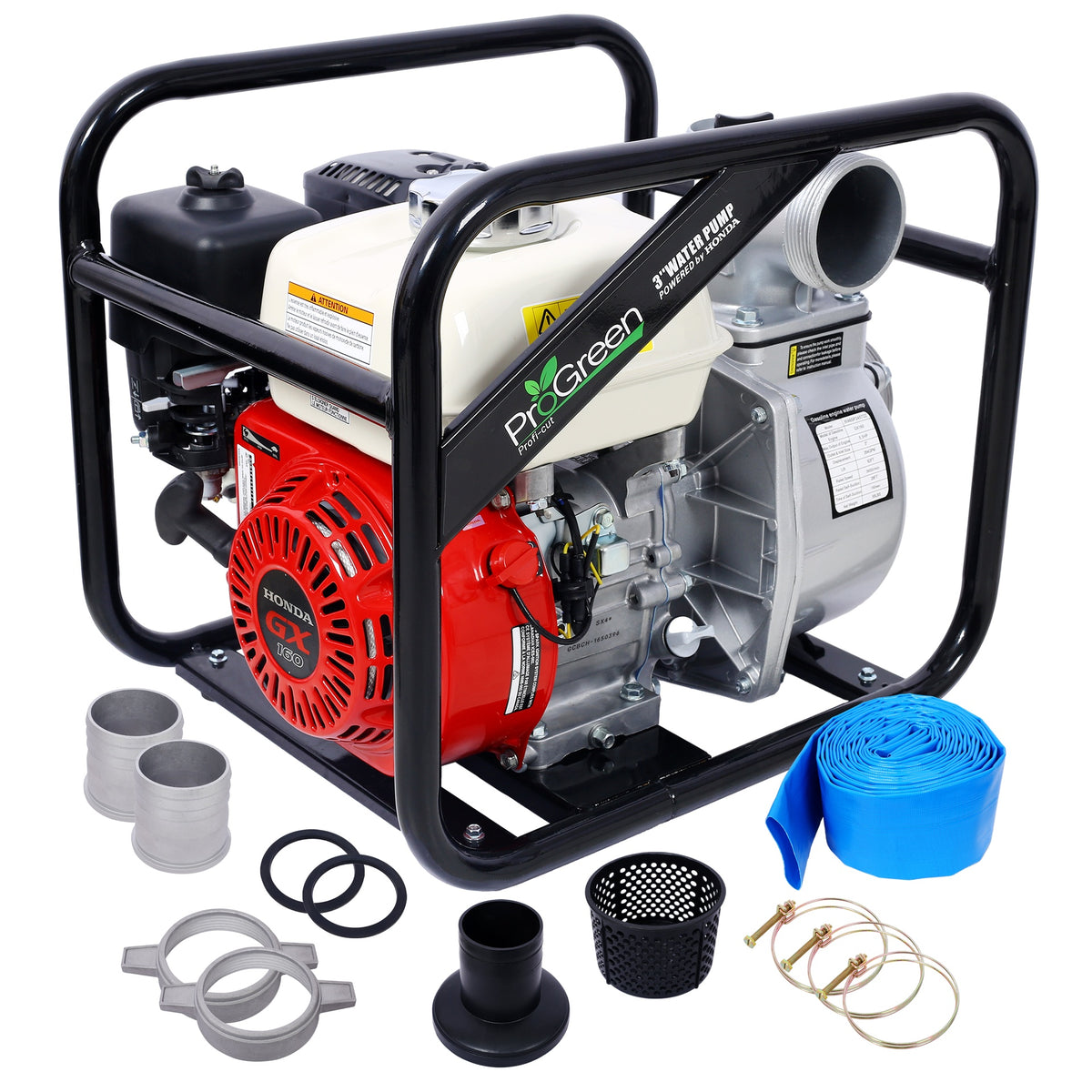 Water Pump 3" 264Gpm ,163cc Honda GX160 Engine,  3IN NPT COUPLER WITH 25FT FLAT HOSE