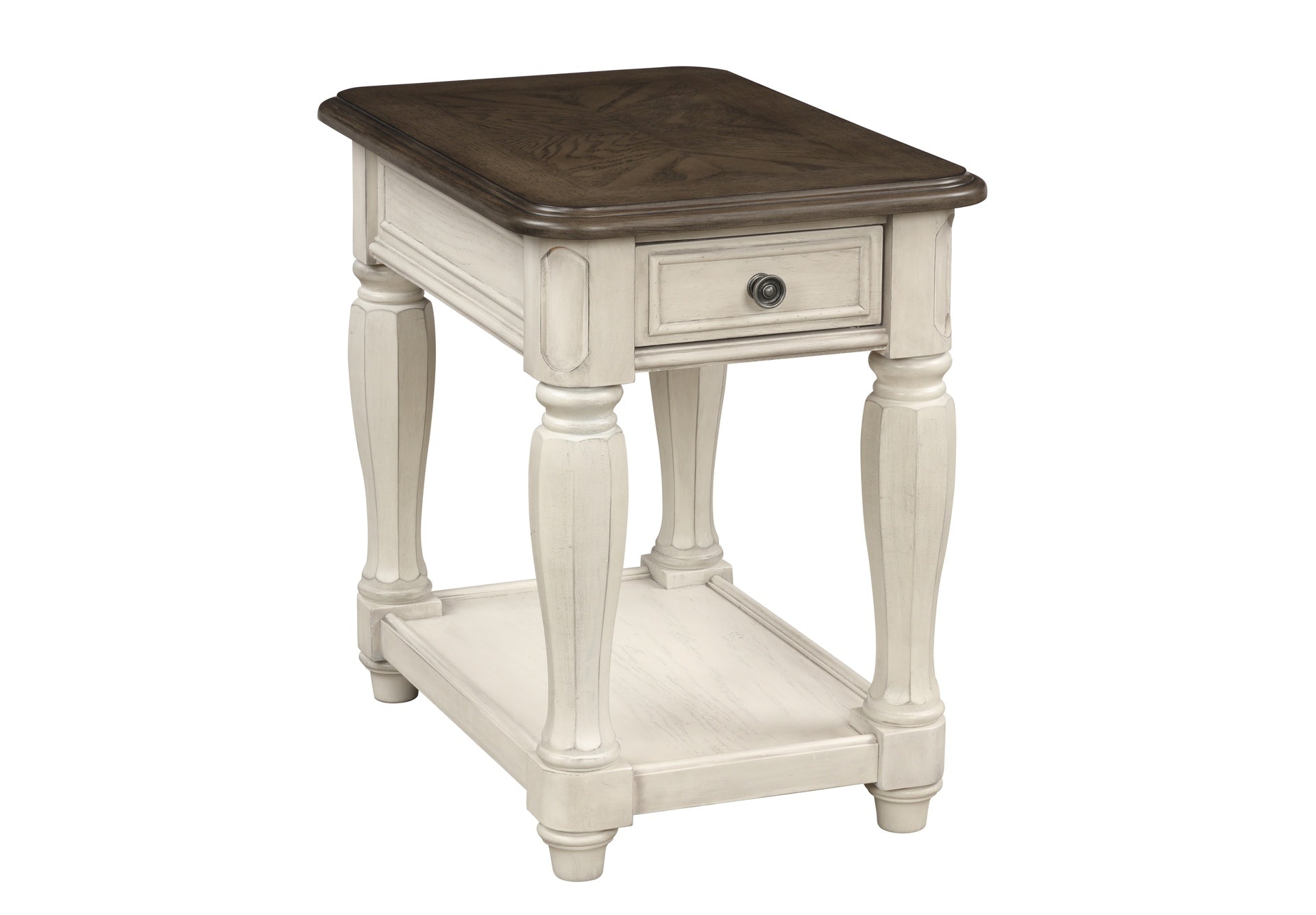 Antique White and Brown Chairside Table w/ Storage