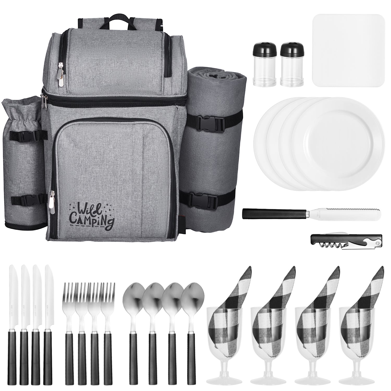 Beach Picnic Backpack Bag for 4 Person with Cooler Compartment Grey
