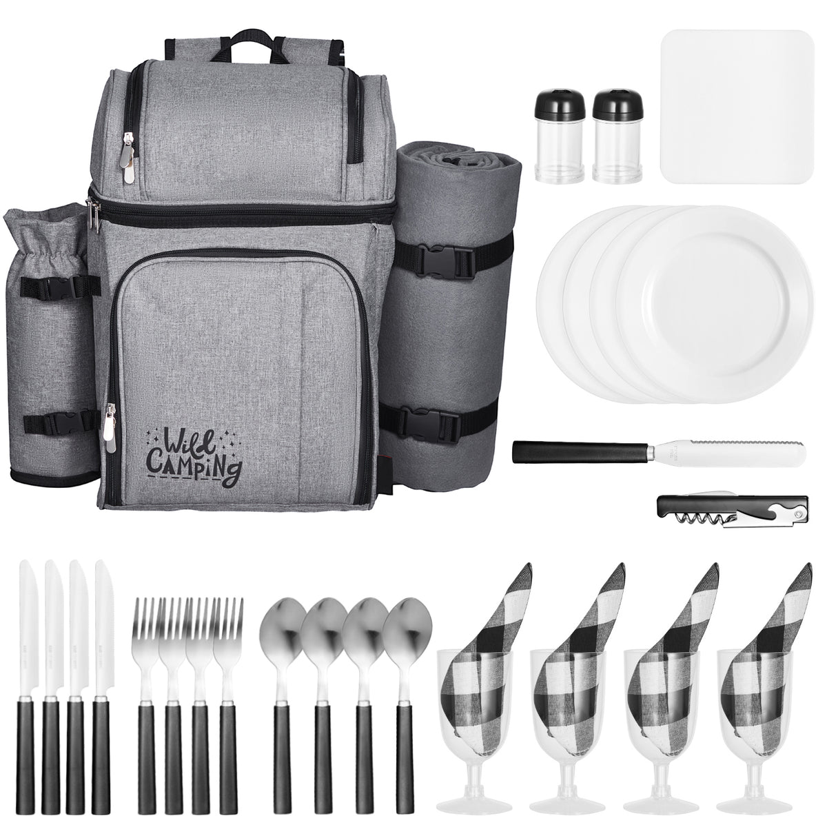 Beach Picnic Backpack Bag for 4 Person with Cooler Compartment Grey