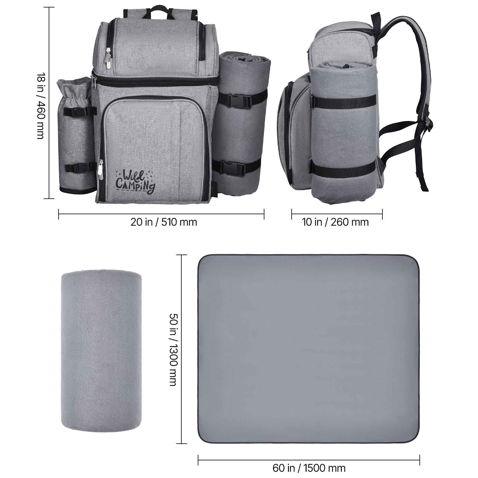 Beach Picnic Backpack Bag for 4 Person with Cooler Compartment Grey