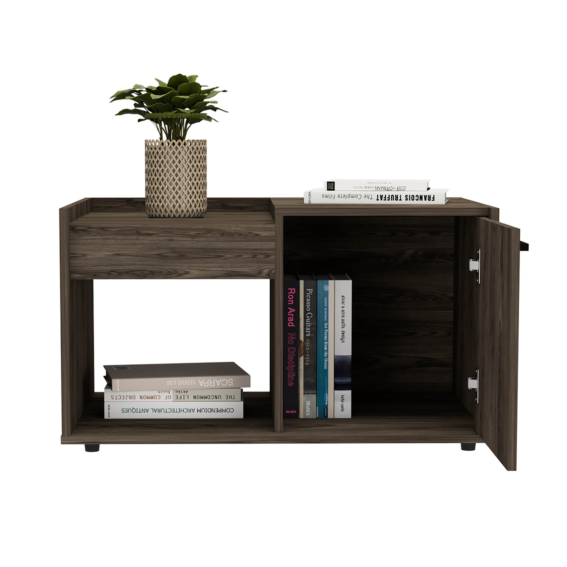 Coffee Table, One Open Shelf, Single Door Cabinet, Dark Walnut