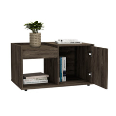 Coffee Table, One Open Shelf, Single Door Cabinet, Dark Walnut